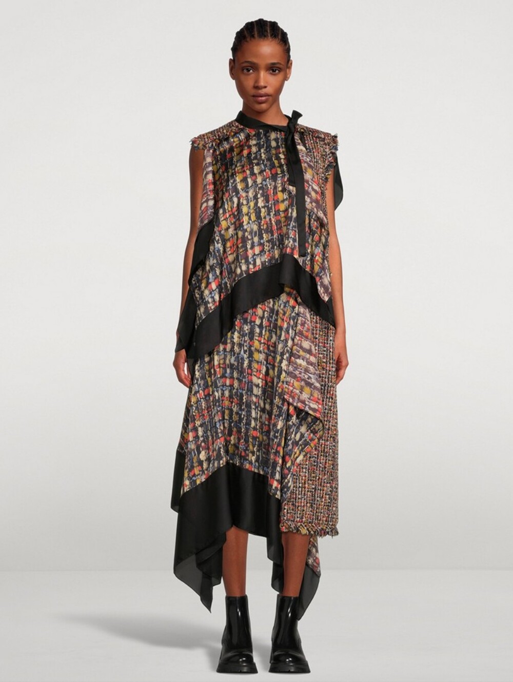 SACAI Draped Asymmetric Satin Midi Dress In Tweed Print Size 1 US 6 S Org $1,740